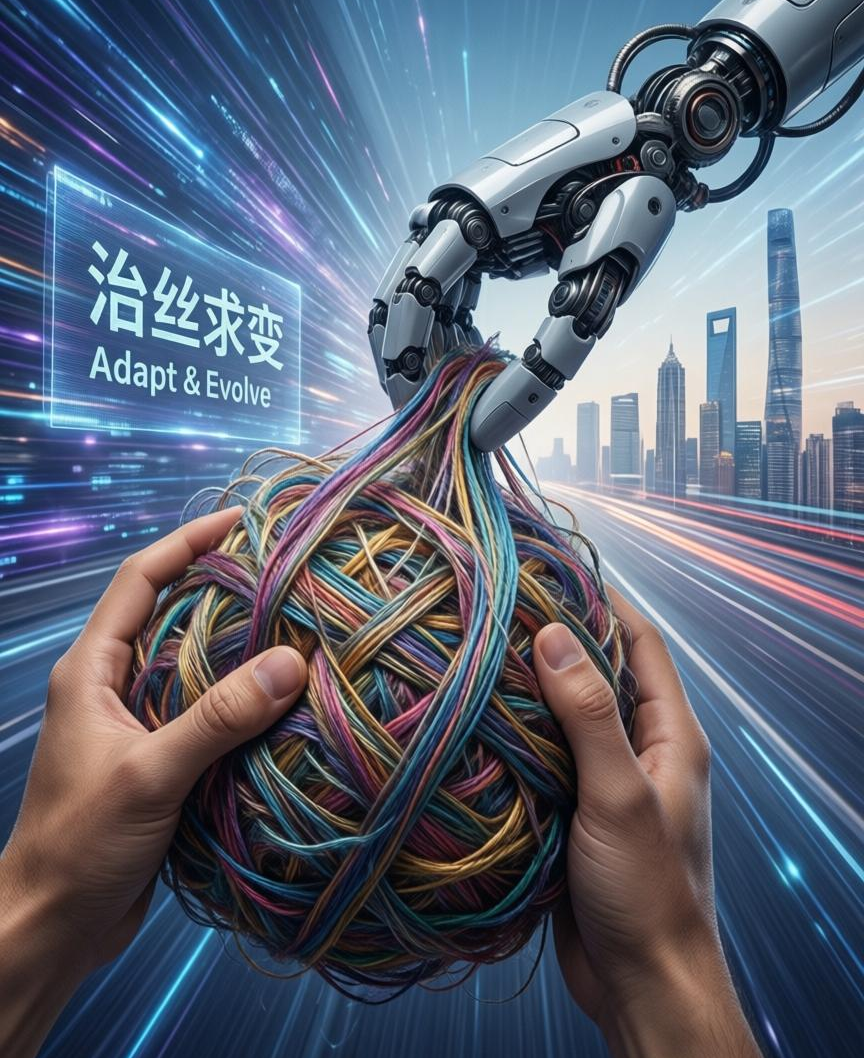 A human hand and a robotic arm untangling chaotic silk threads into smooth fabric, representing the Chinese philosophy of 'Bian' (embracing change).